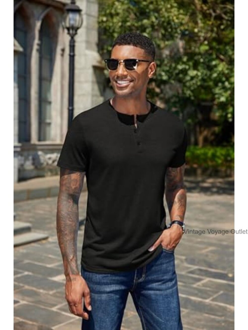 Men's Henley Shirt Short Sleeve Casual Tee Summer Button Stretch Top - Picture 5 of 6